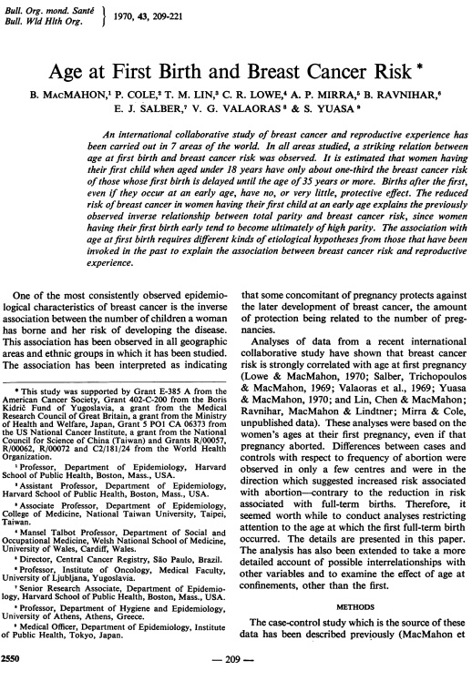 First page of Age at first birth and breast cancer risk.