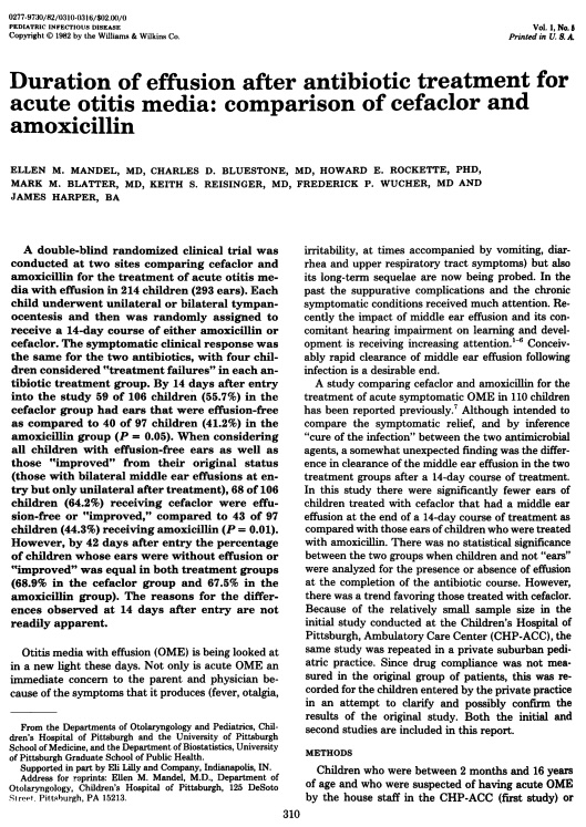 First page of Duration of effusion after antibiotic treatment for acute otitis media: comparison of cefaclor and amoxicillin.