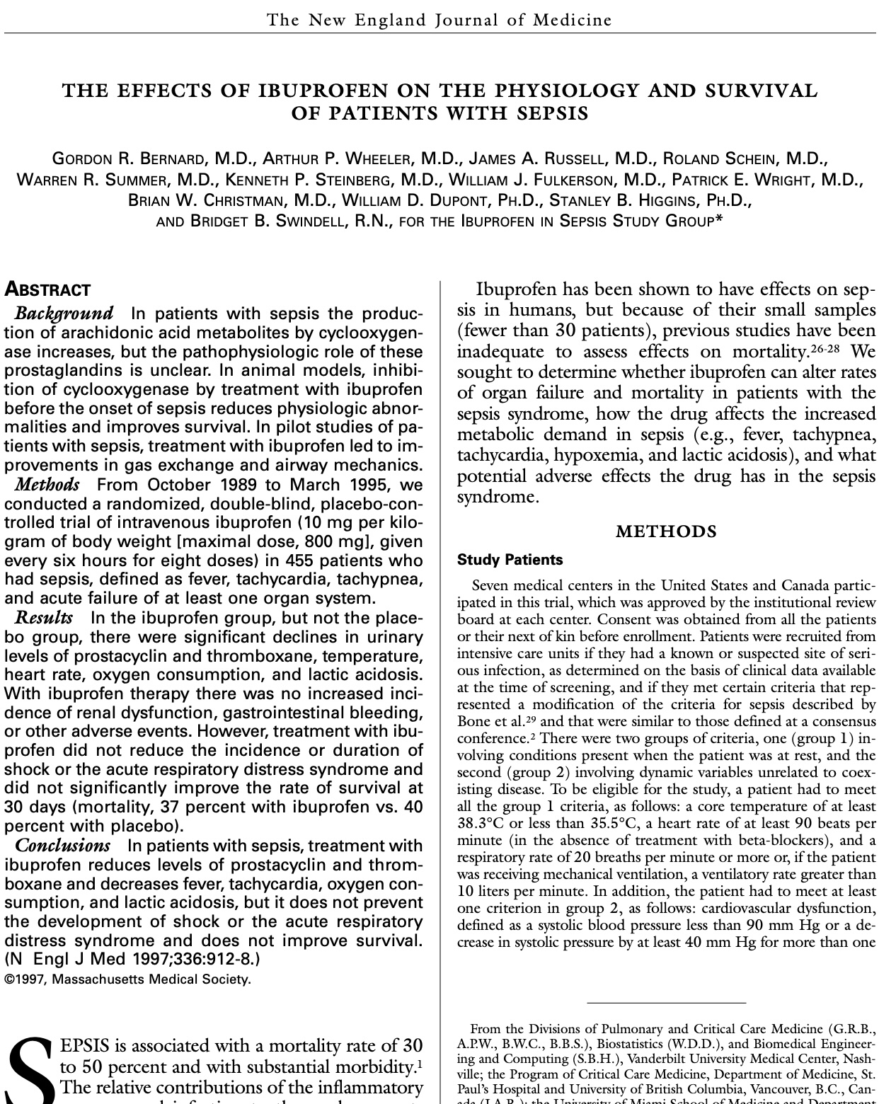 First page of the 1997 New England Journal of Medicine paper on ibuprofen in the treatment of sepsis.